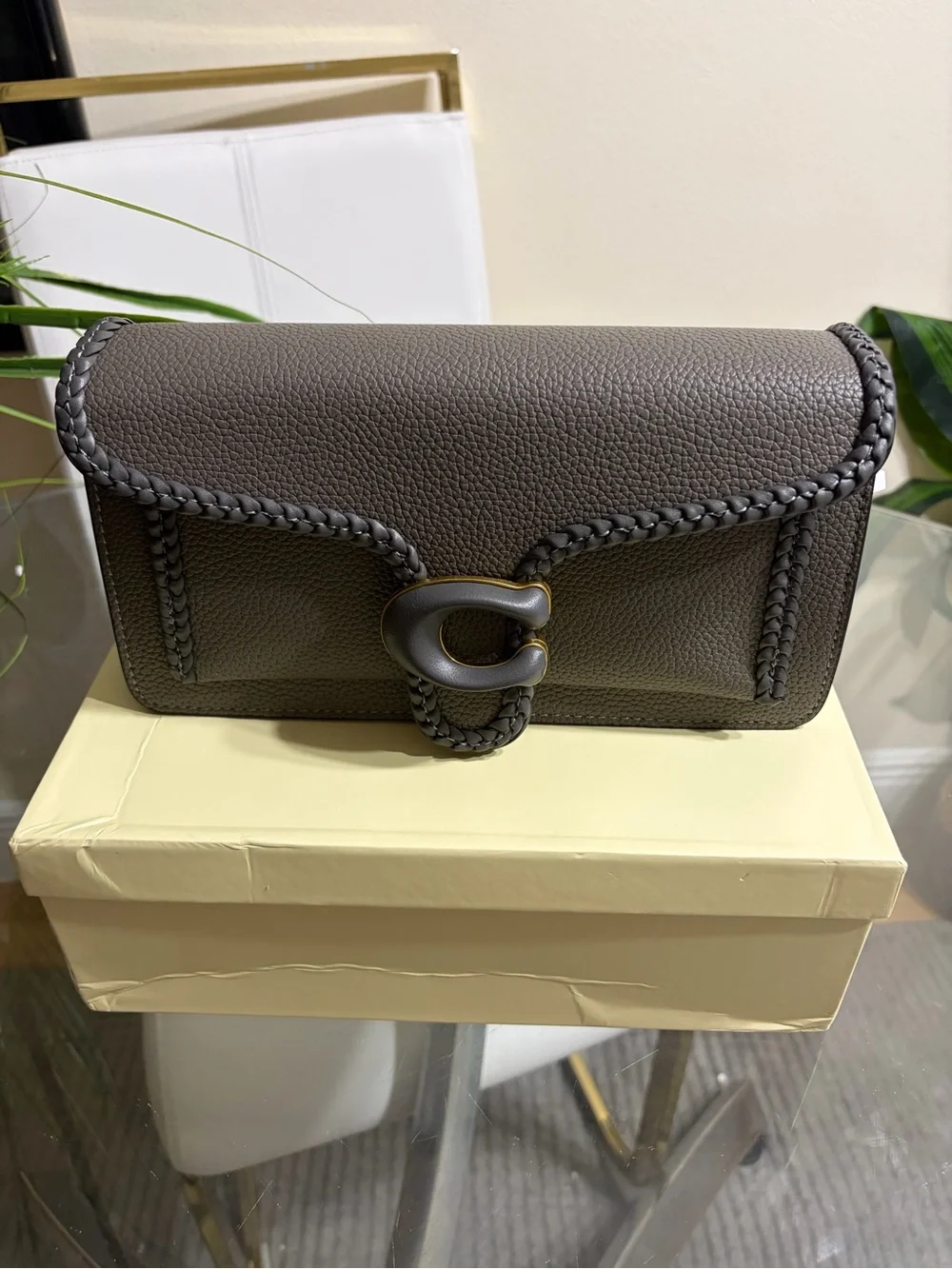Braided Trim Pebbled Leather Clutch - Gray